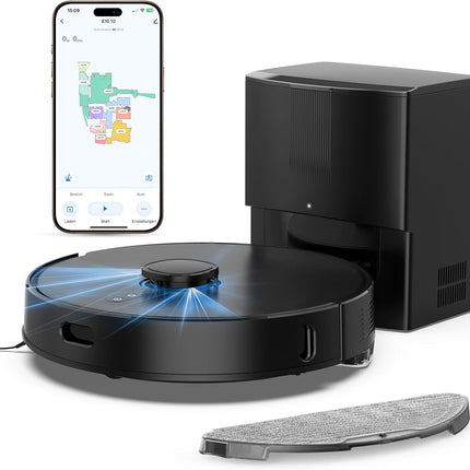 8000Pa Suction Robot Vacuum Cleaner with Wiping Function, LiDAR Navigation | E10+ Vacuum Cleaner Robot with Suction Station 3.5 L, Ideal for Carpets and Pet Hair, App Control, (Black)