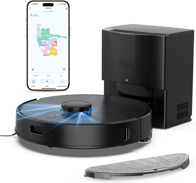 8000Pa Suction Robot Vacuum Cleaner with Wiping Function, LiDAR Navigation | E10+ Vacuum Cleaner Robot with Suction Station 3.5 L, Ideal for Carpets and Pet Hair, App Control, (Black)