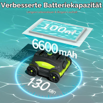 WINNY POOL CLEANER Winny 300II Pool Robot Battery Wireless Pool Vacuum Cleaner Robot, 120 Min, LED Display, Automatic Parking, Pool Cleaner for Flat Floor Above Ground Pool up to 100 m² - Black Green