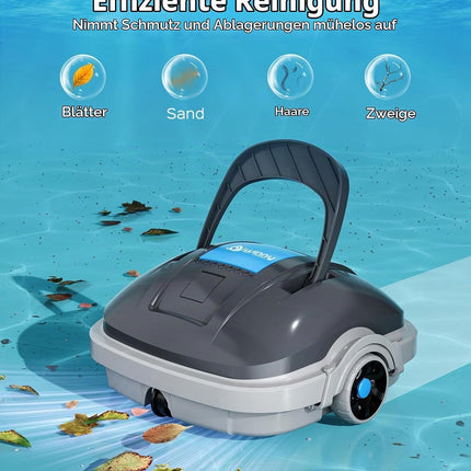 WINNY POOL CLEANER WY1102MAX Wireless Pool Robot Battery, Pool Vacuum Cleaner, Automatic Parking, 180 μm Filtration, with Hooks, 100 Min. Pool Robot Battery, for Flat Floor Above Pools up to 80 m²