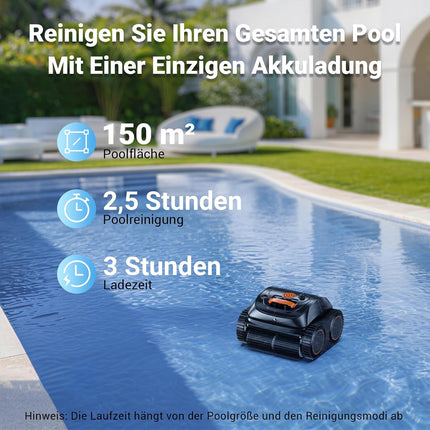 WINNY POOL CLEANER Winny C1 Pool Robot Battery Wall and Floor No Cable, Cleans Floor & Walls, 150 Minutes, Self-Parking, App Control, 150 ㎡ Range, for Ground & Above Ground Pools, Black Orange