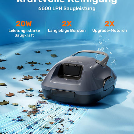 Gosvor Pool Vacuum Cleaner Battery with 90 Minutes Running Time, 3.4 kg Lightweight Pool Robot, Easy to Use, Self-Parking Function, 6600 LPH Strong Pool Cleaner with Double Motor, Ideal for Flat Floor up to 80 m²
