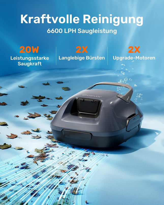 Gosvor Pool Vacuum Cleaner Battery with 90 Minutes Running Time, 3.4 kg Lightweight Pool Robot, Easy to Use, Self-Parking Function, 6600 LPH Strong Pool Cleaner with Double Motor, Ideal for Flat Floor up to 80 m²