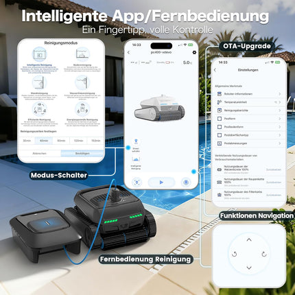 Kabelloser Poolroboter Akku, Smart Navi, Selbsteinparken bis 300㎡ | Oberflächenmodul, App+Bluetooth-Fernbedienung, OTA, Wassertemp; 10400mAh Akku, 2,5h Laufzeit, 90° Klettern, IP68 wasserdicht