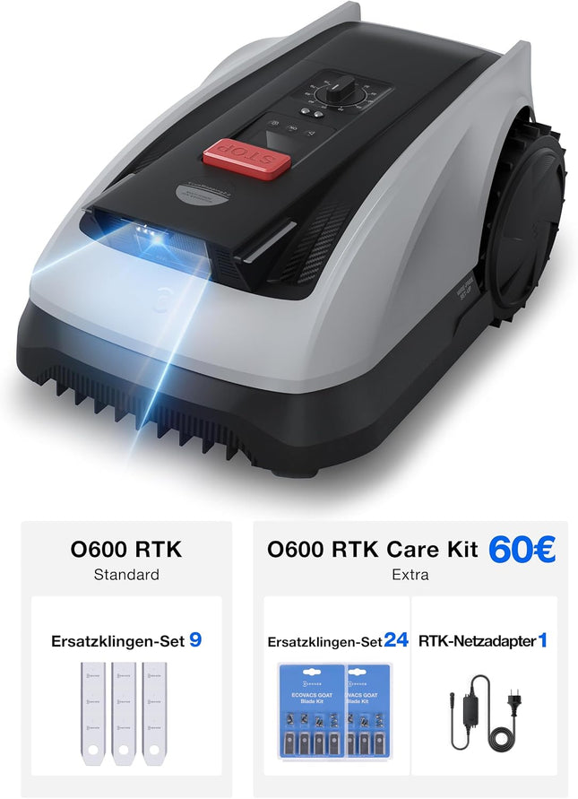 ECOVACS Goat O600 RTK Care Kit Robotic Lawnmower Without Boundary Cable, 600 m², RTK+Vision Navigation, Robotic Lawnmower, AI Obstacle Avoidance, App Control, Passes 0.7 m Narrow Places