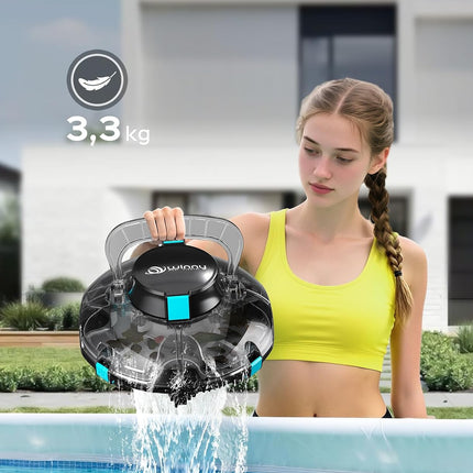 WINNY POOL CLEANER Winny 200 Pool Robot, Wireless Pool Vacuum Cleaner with Battery, 75 Minutes Running Time, for Above Ground Pools up to 60 m², Double Filtration, Automatic Parking, Compact