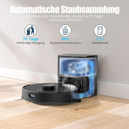 E10+ Robot Vacuum Cleaner with Wiping Function for Pet Hair Carpet with 8000Pa | BOTLUXE Vacuum cleaner robot with suction station 3.5 L, suction and mop robot LiDAR navigation, app control