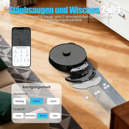 E10+ Robot Vacuum Cleaner with Wiping Function for Pet Hair Carpet with 8000Pa | BOTLUXE Vacuum cleaner robot with suction station 3.5 L, suction and mop robot LiDAR navigation, app control