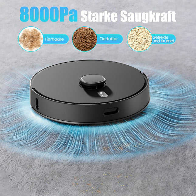 E10+ Robot Vacuum Cleaner with Wiping Function for Pet Hair Carpet with 8000Pa | BOTLUXE Vacuum cleaner robot with suction station 3.5 L, suction and mop robot LiDAR navigation, app control
