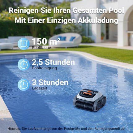 Winny C1 Pool Robot Battery Wall and Floor No Cable, Cleans Floor & Walls, 150 Minutes, Self-Parking, App Control, 150 ㎡ Range, for Ground & Above Ground Pools, Black Orange, White Orange