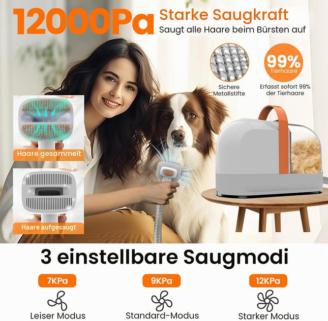 Dog Grooming Vacuum Pet Hair Dog Clipper with Vacuum Cleaner 12000 Pa | PG10 Dog Brush Pet Hair Remover for Dogs Cats Quiet Clipper Dog with Care Tools