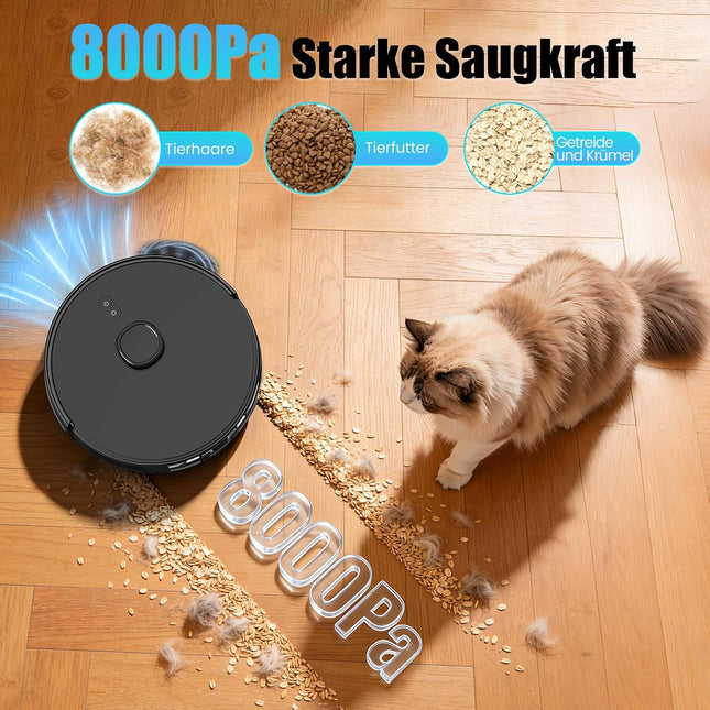 8000Pa Suction Robot Vacuum Cleaner with Wiping Function, LiDAR Navigation | E10+ Vacuum Cleaner Robot with Suction Station 3.5 L, Ideal for Carpets and Pet Hair, App Control, (Black)