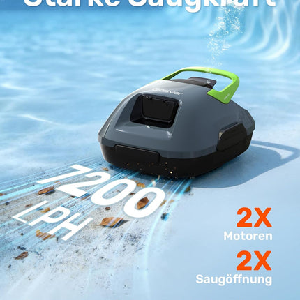 (Upgrade) Gosvor Pool Robot Battery, Up to 7200 LPH Efficient Cleaning with Power Clean Mode, Up to 90 Minutes, 3.4 kg Lightweight, Easy to Use & Maintenance, Pool Vacuum Cleaner for Flat Floors up to 80 m², Green