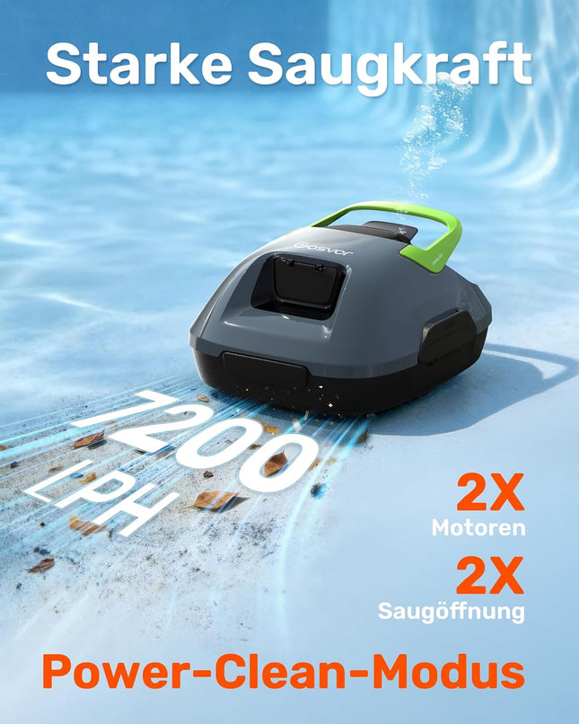 (Upgrade) Gosvor Pool Robot Battery, Up to 7200 LPH Efficient Cleaning with Power Clean Mode, Up to 90 Minutes, 3.4 kg Lightweight, Easy to Use & Maintenance, Pool Vacuum Cleaner for Flat Floors up to 80 m², Green