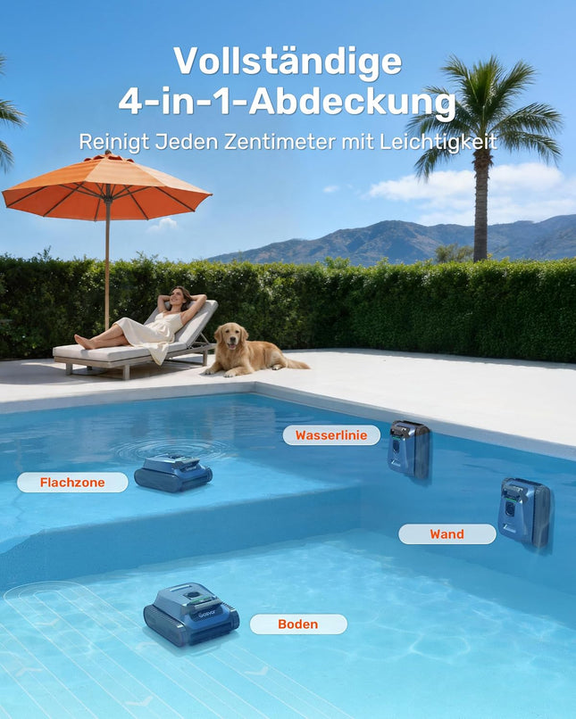Gosvor Pool Robot Wall and Floor, Waterline, Flat Zone 4-in-1, Up to 200 Minutes Running Time, Lightweight 6.9 kg, 3μm Ultra Fine Filter, Pool Suager Battery for Pools up to 200 m², Dark Blue