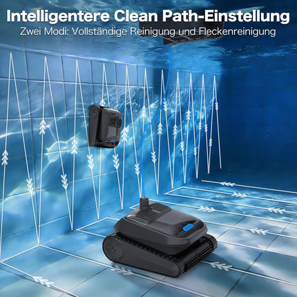 Kabelloser Poolroboter Akku, Smart Navi, Selbsteinparken bis 300㎡ | Oberflächenmodul, App+Bluetooth-Fernbedienung, OTA, Wassertemp; 10400mAh Akku, 2,5h Laufzeit, 90° Klettern, IP68 wasserdicht