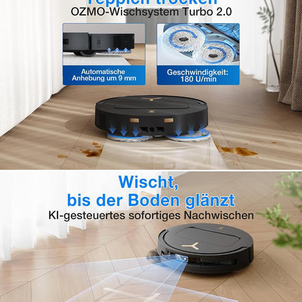 ECOVACS T50 PRO Omni Gen3 Robot Vacuum Cleaner with Mop Function 25,000 Pa, 81 mm | AIVI 3D 3.0, automatic. Addition of cleaning solution, cleaning the mop at 75°C, hot air drying, ZeroTangle 3.0, gloss black