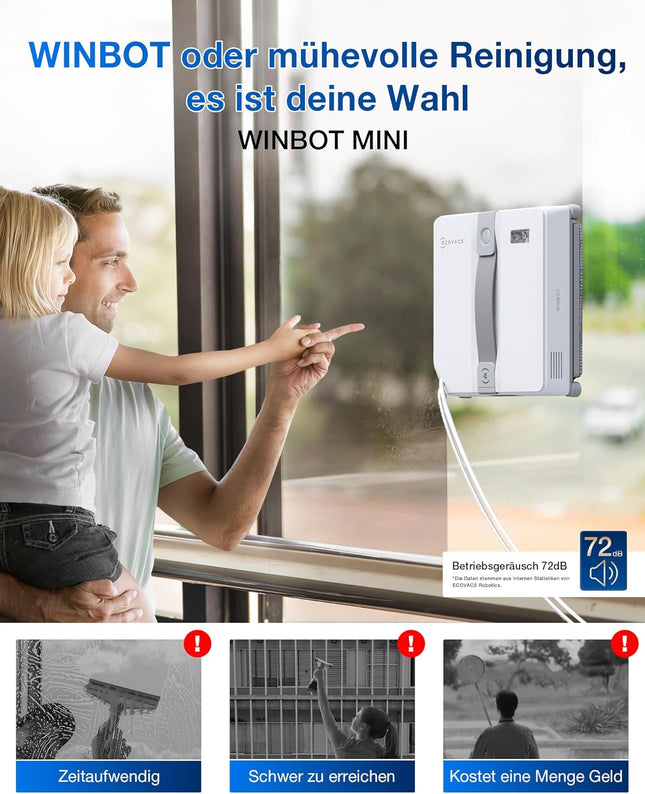 ECOVACS Winbot Mini Window Cleaning Robot Compact Design Double Nozzles with Ultrasonic Atomisation, 9 Level Protection System, Intelligent Path Planning, 4 Cleaning Modes, Non-Slip System, White