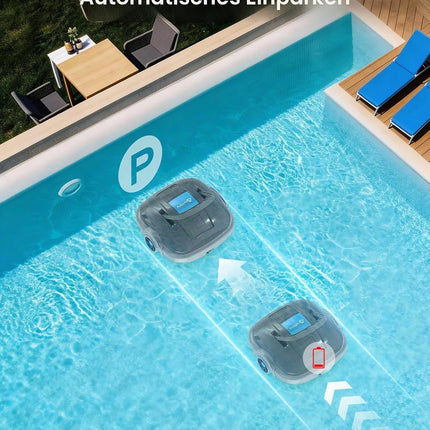 WINNY POOL CLEANER WY1102MAX Wireless Pool Robot Battery, Pool Vacuum Cleaner, Automatic Parking, 180 μm Filtration, with Hooks, 100 Min. Pool Robot Battery, for Flat Floor Above Pools up to 80 m²