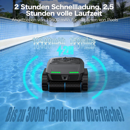 Kabelloser Poolroboter Akku, Smart Navi, Selbsteinparken bis 300㎡ | Oberflächenmodul, App+Bluetooth-Fernbedienung, OTA, Wassertemp; 10400mAh Akku, 2,5h Laufzeit, 90° Klettern, IP68 wasserdicht