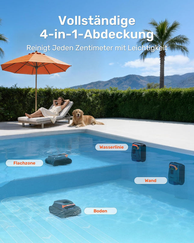 Gosvor Pool Robot Wall and Floor, Waterline, Flat Zone 4-in-1, Up to 200 Minutes Runtime, Lightweight 6.9 kg, 3μm Ultra Fine Filter, Pool Suager Battery for Pools up to 200 m², Orange