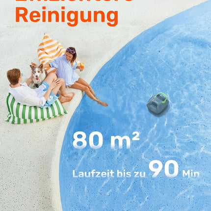 (Upgrade) Gosvor Pool Robot Battery, Up to 7200 LPH Efficient Cleaning with Power Clean Mode, Up to 90 Minutes, 3.4 kg Lightweight, Easy to Use & Maintenance, Pool Vacuum Cleaner for Flat Floors up to 80 m², Green